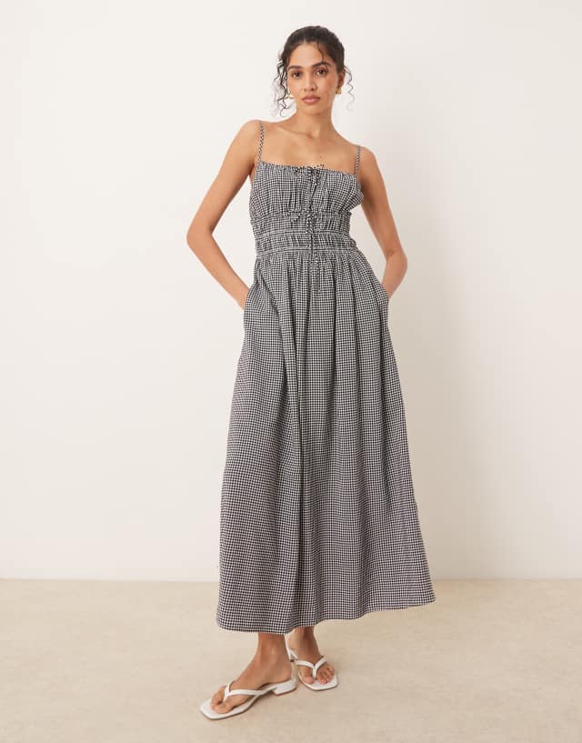 flowy spaghetti strap dress Abercrombie & Fitch soft neck maxi in black gingham guipure on mesh