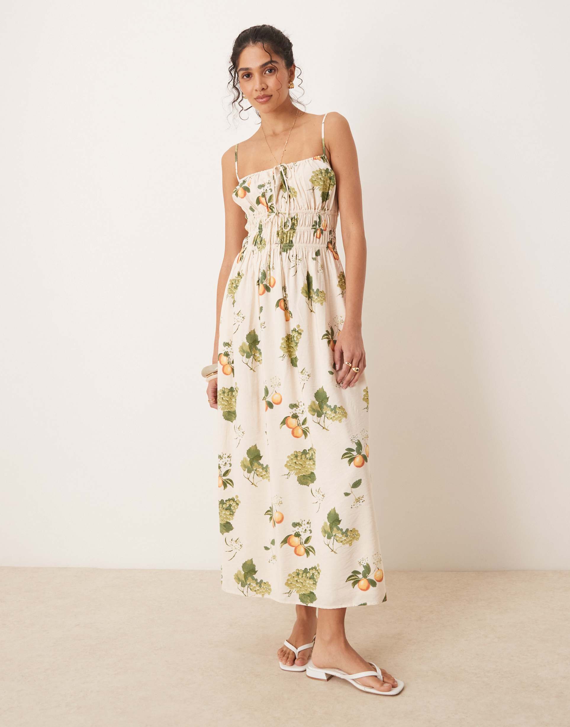 abercrombie & fitch soft neck spaghetti strap flowy maxi dress in fruit print