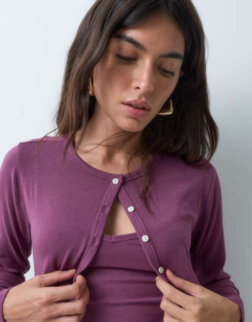 Abercrombie & Fitch soft touch 2 in 1 cardi and cami  set in berry, 2 of 5