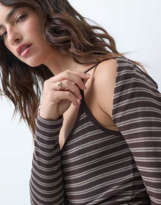 Abercrombie & Fitch soft touch 2 in 1 cardi and cami  set in brown stripe, 2 of 5