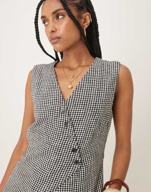 Abercrombie & Fitch - Sort longline asymmetrisk vest i hør med gingham-tern, 2 af 4