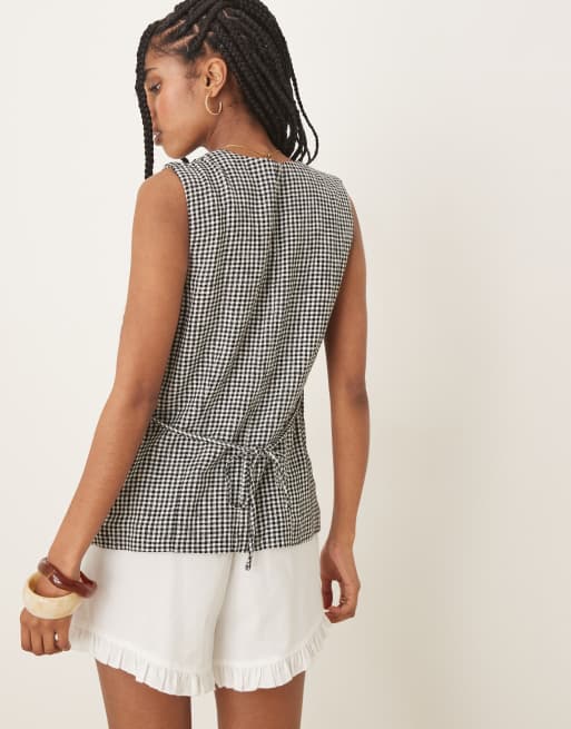 Abercrombie & Fitch - Sort longline asymmetrisk vest i hør med gingham-tern, 3 af 4