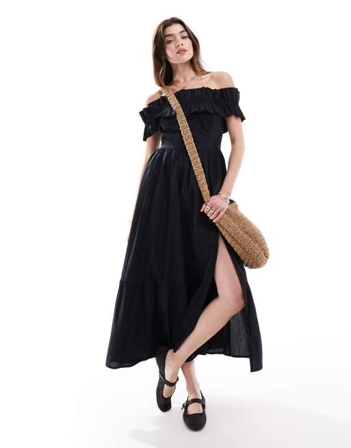 Abercrombie & Fitch - Sort offshoulder-midikjole med flæser