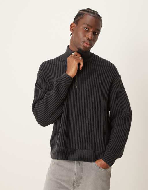 Abercrombie & Fitch - Sort og oversized striktrøje med kort lynlås og striber, 2 af 4