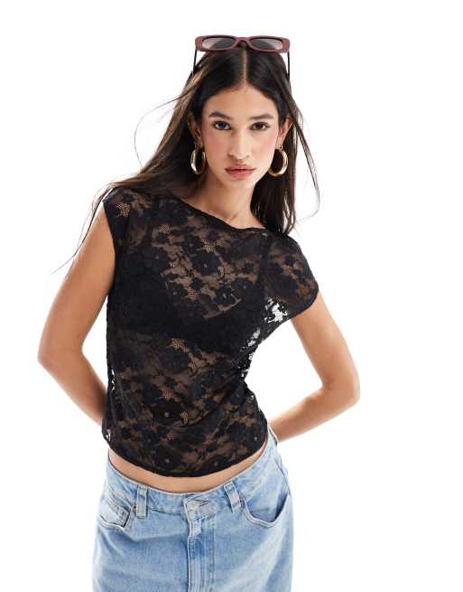 Abercrombie & Fitch - Sort T-shirt i blondemateriale med ærmer i et stykke og bådudskæring