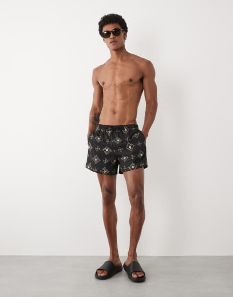 Abercrombie & Fitch - Sorte 5-tommers badebukser med fliseprint - view 1