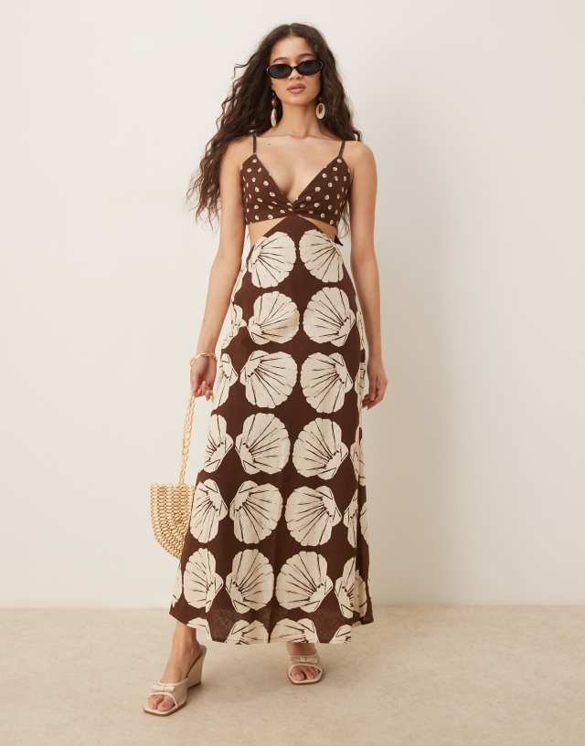 Abercrombie & Fitch spaghetti straps cutout slip linen blend maxi dress in  brown print | ASOS