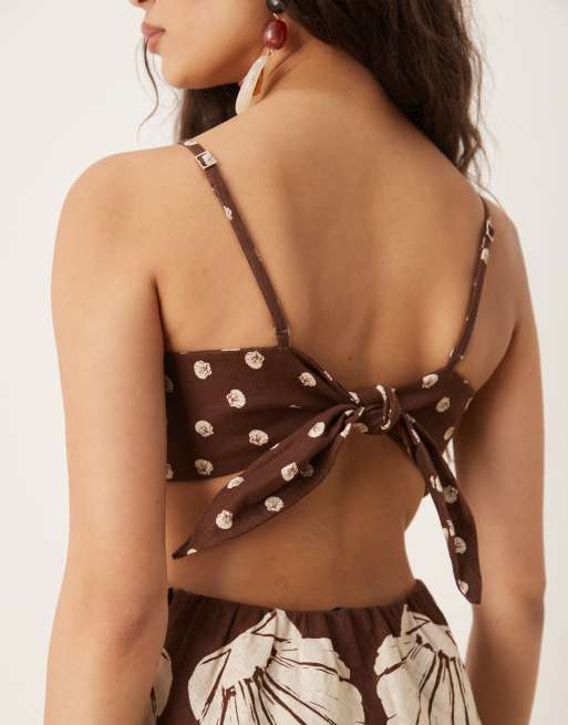 Abercrombie & Fitch spaghetti straps cutout slip linen blend maxi dress in  brown print | ASOS