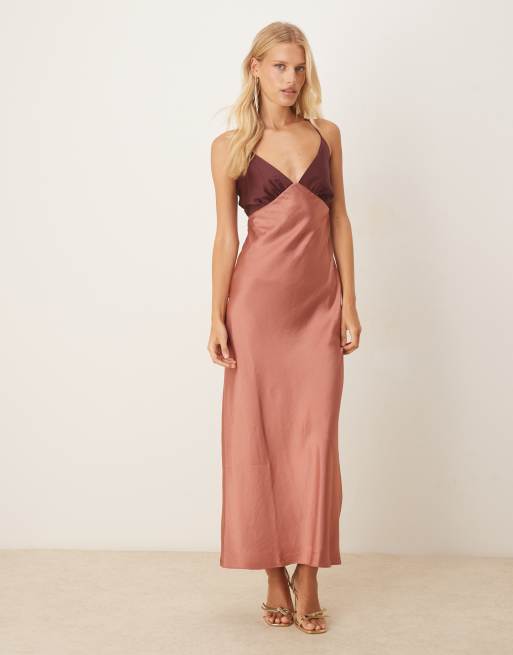 Abercrombie & Fitch spaghetti straps open lace up back maxi slip dress in pink