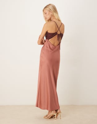 Abercrombie & Fitch Spaghetti Straps Open Lace Up Back Maxi Slip Dress In Pink