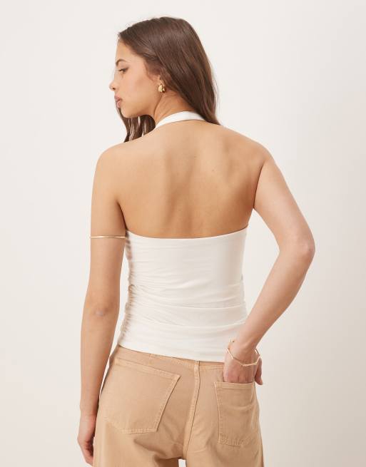 Abercrombie & Fitch square halterneck sleeveless top in white, 2 of 4