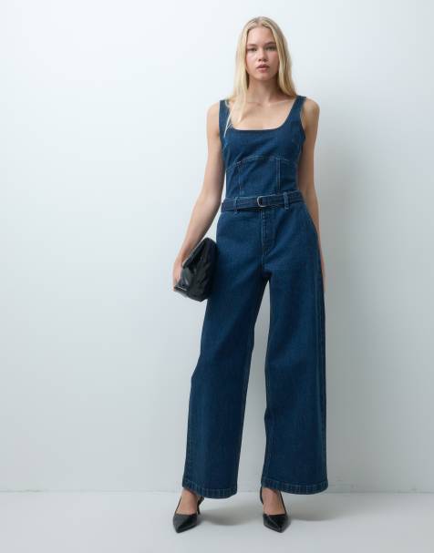 Abercrombie & Fitch square neck belted denim jumpsuit in mid blue - view 1