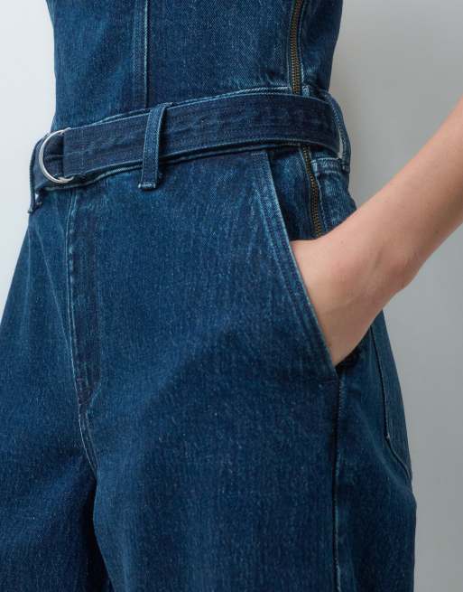 Abercrombie & Fitch square neck belted denim jumpsuit in mid blue, 3 of 4