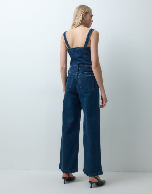Abercrombie & Fitch square neck belted denim jumpsuit in mid blue, 4 of 4