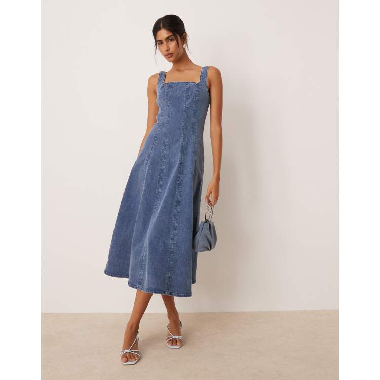 Abercrombie & Fitch square neck fit & flare paneled denim midi dress in  indigo wash | ASOS