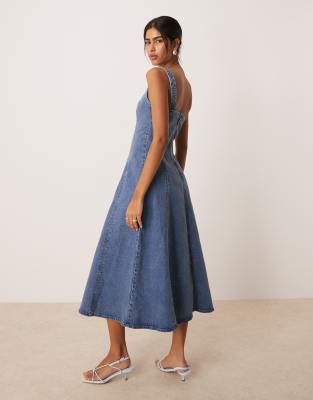 Abercrombie & Fitch Square Neck Fit & Flare Paneled Denim Midi Dress In Navy