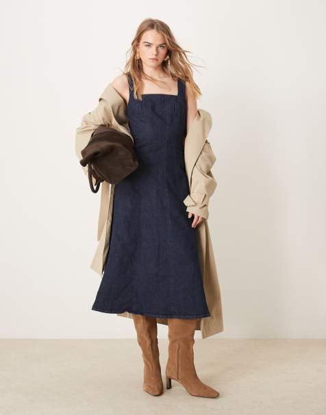 Abercrombie & Fitch square neck fit & flare panelled denim midi dress in indigo wash - view 1