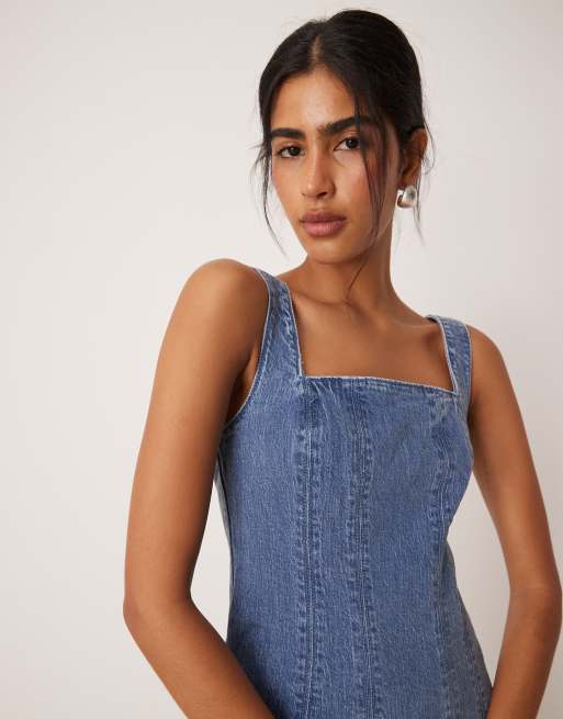Abercrombie Fitch square neck fit flare panelled denim midi