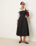 [Abercrombie & Fitch] Abercrombie & Fitch square neck fit & flare panelled midi dress in black XL BLACK
