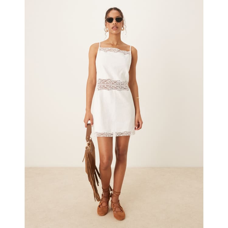 Abercrombie & Fitch square neck lace trim spaghetti strap mini dress in  white | ASOS