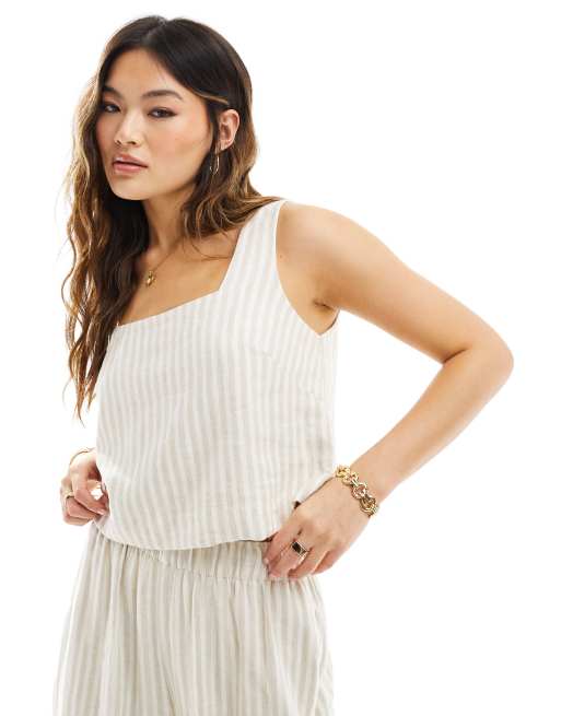 Abercrombie & Fitch square neck linen blend top in beige and white stripe (part of a set)