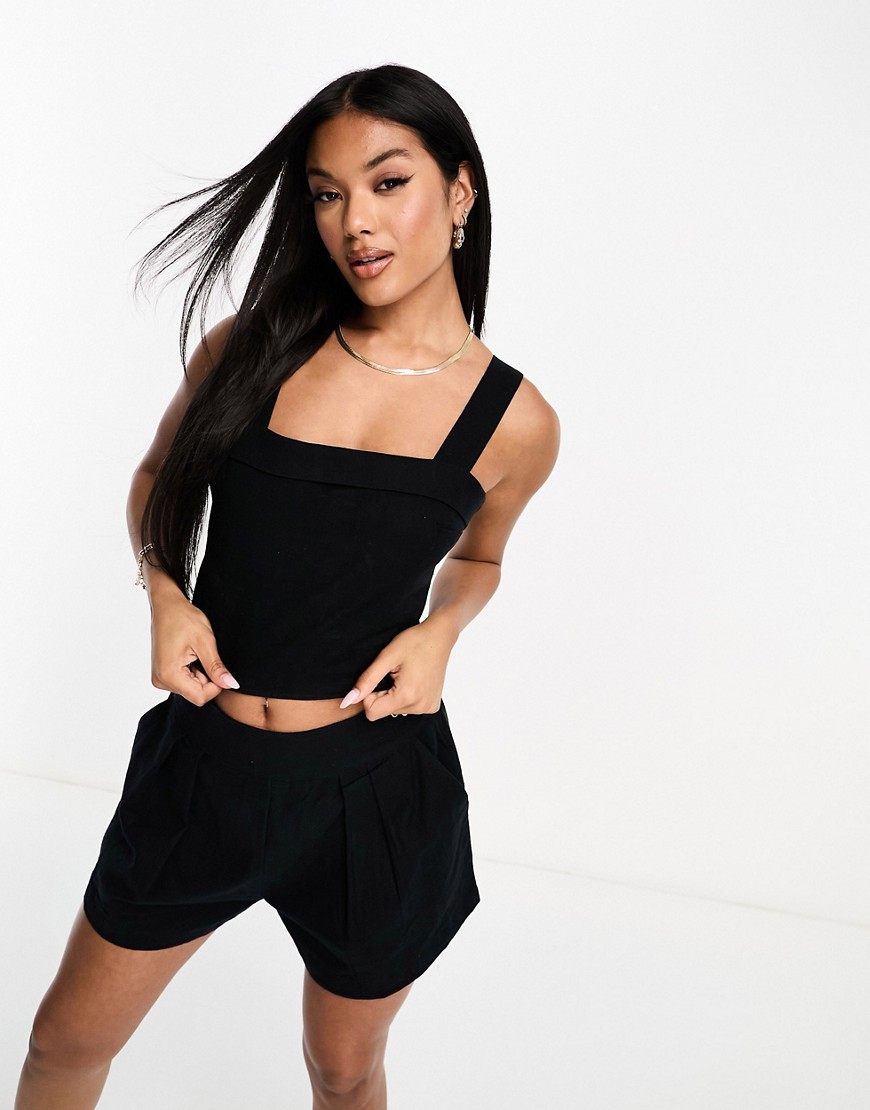 Abercrombie & Fitch square neck linen crop top co-ord in black