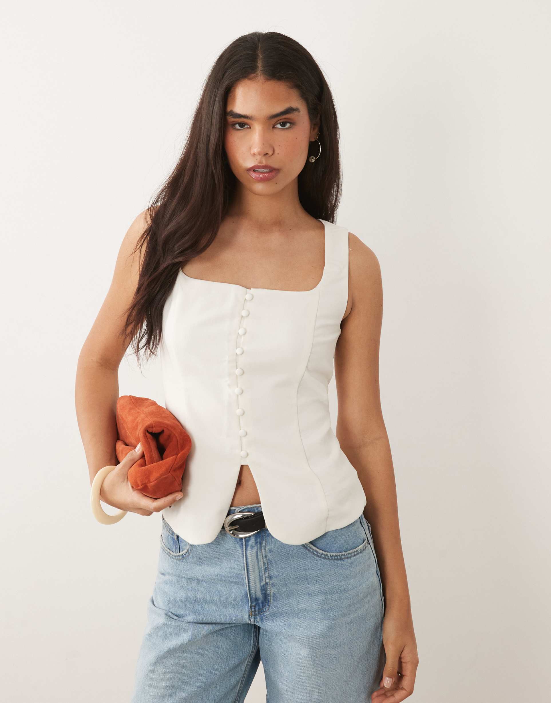 abercrombie & fitch square neck longline vest in cream
