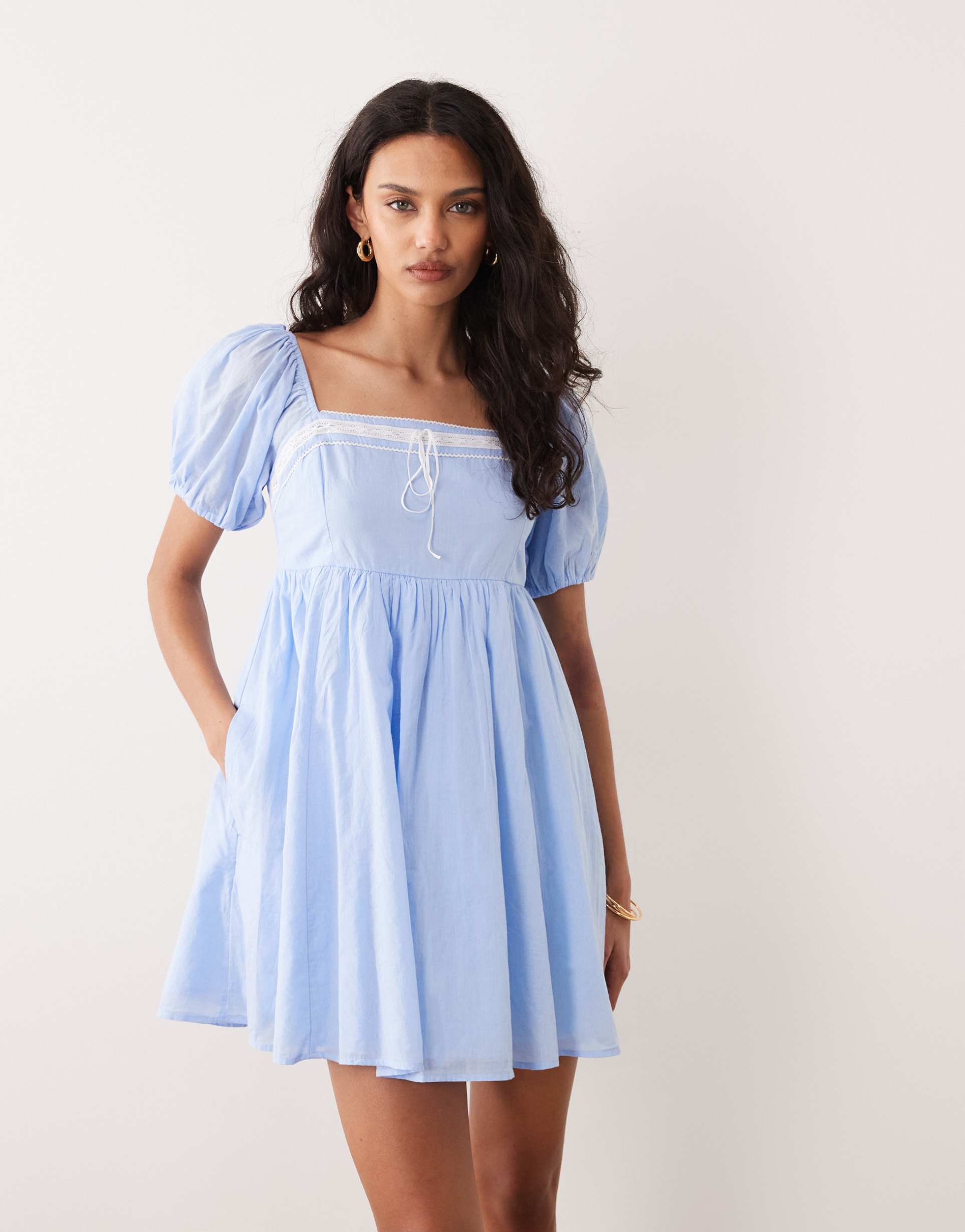 abercrombie & fitch square neck puff sleeve milkmaid mini dress in blue