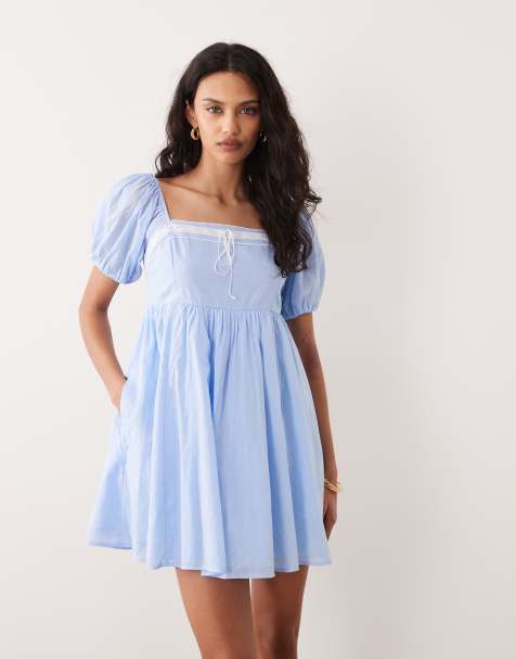 Abercrombie & Fitch square neck puff sleeve milkmaid mini dress in blue 