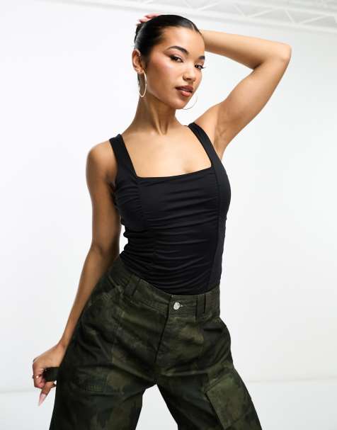 Abercrombie & Fitch square neck ruched bodysuit in black - view 1