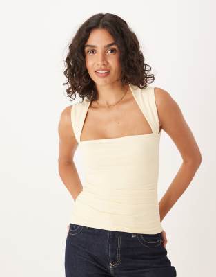 square neck ruched sleeveless top in yellow
