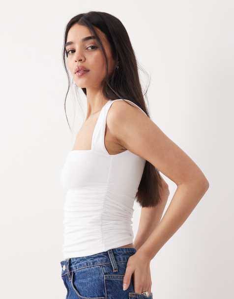 Abercrombie & Fitch square neck ruched top in white