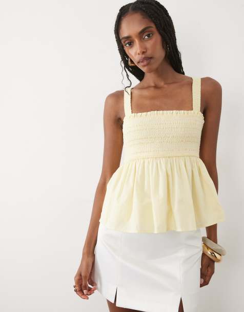 Abercrombie & Fitch square neck smocked cami top with removeable straps in butter yellow - view 1