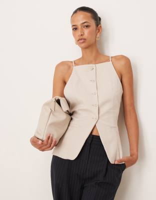 square neck strappy detail longline top in gray-White