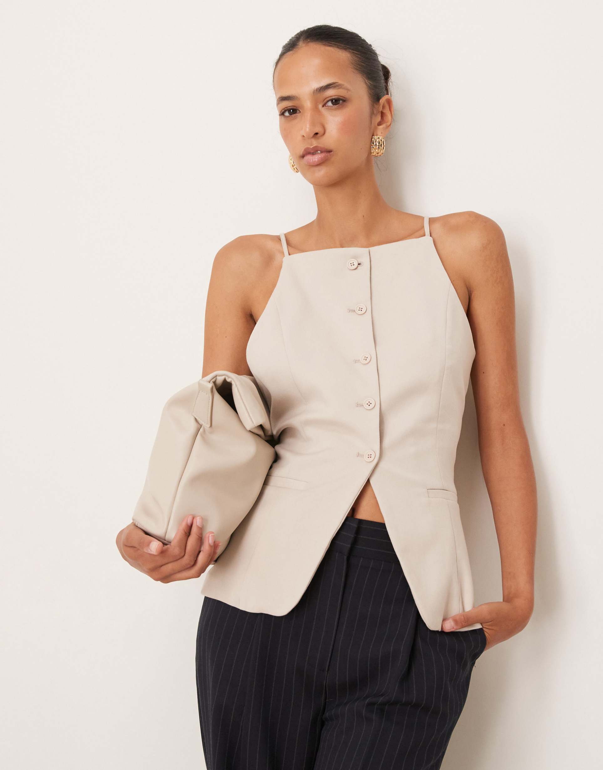 abercrombie & fitch square neck strappy detail longline top in gray