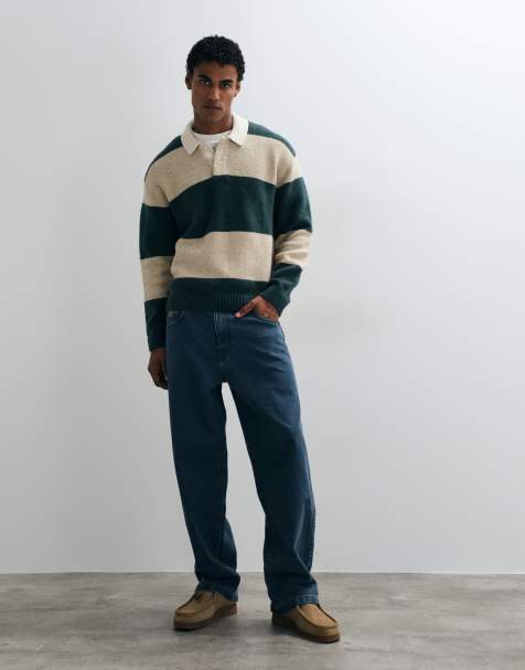 Abercrombie & Fitch stickad långärmad polotröja med knappar och kontrasterande krage i grön och krämfärgad rand - view 1