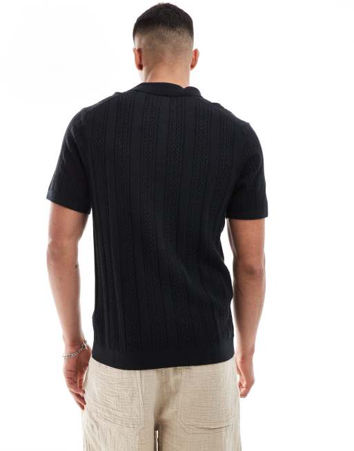Abercrombie & Fitch stitch texture stripe open collar knit polo in