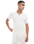 [Abercrombie & Fitch] Abercrombie & Fitch stitch texture stripe open collar knit polo in cream-White 2XL cream