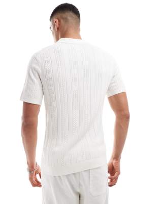 Abercrombie & Fitch Stitch Texture Stripe Open Collar Knit Polo In White