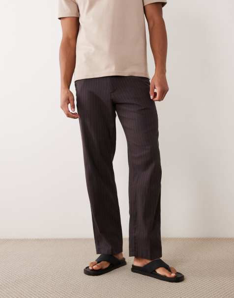 Abercrombie & Fitch straight fit linen mix dress pants in brown pinstripes - view 1