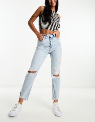 Abercrombie & Fitch straight leg distressed jeans in light blue - ASOS Price Checker