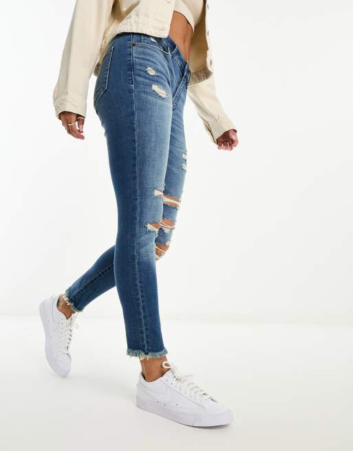 Abercrombie & Fitch straight leg distressed jeans in mid blue | ASOS