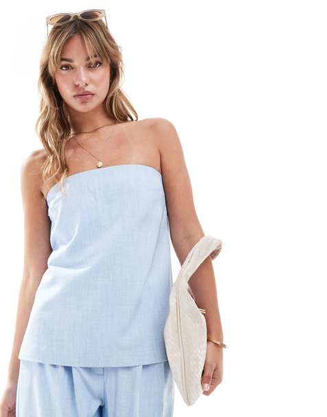Abercrombie & Fitch strapless button up tailored top in light blue (part of a set) - view 1