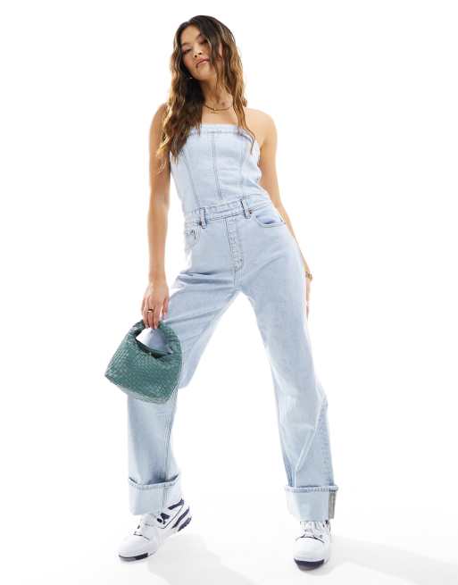 Abercrombie & Fitch strapless denim jumpsuit in light wash blue, 3 of 4