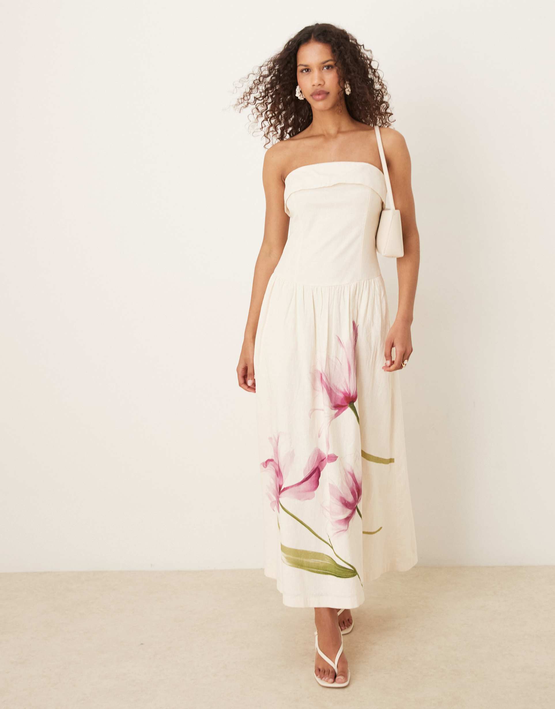 abercrombie & fitch strapless dropped waist maxi dress in cream floral