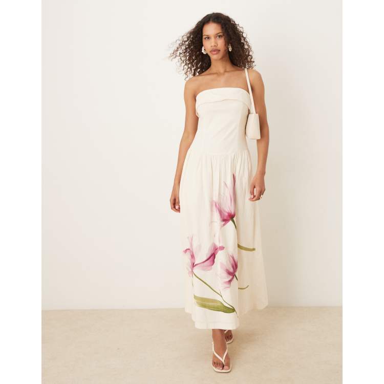 Abercrombie & Fitch strapless dropped waist midi dress in cream floral |  ASOS