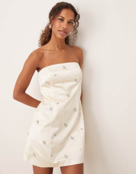 Abercrombie & Fitch strapless embellished satin dress in cream - view 1
