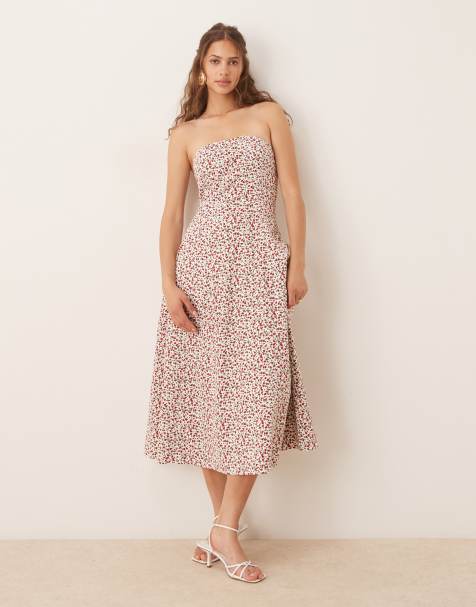 Abercrombie & Fitch strapless flare midi dress in red floral - view 1