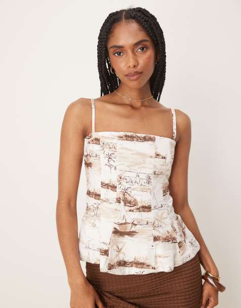 Abercrombie & Fitch strapless flared hem top in cream botanical print - view 1