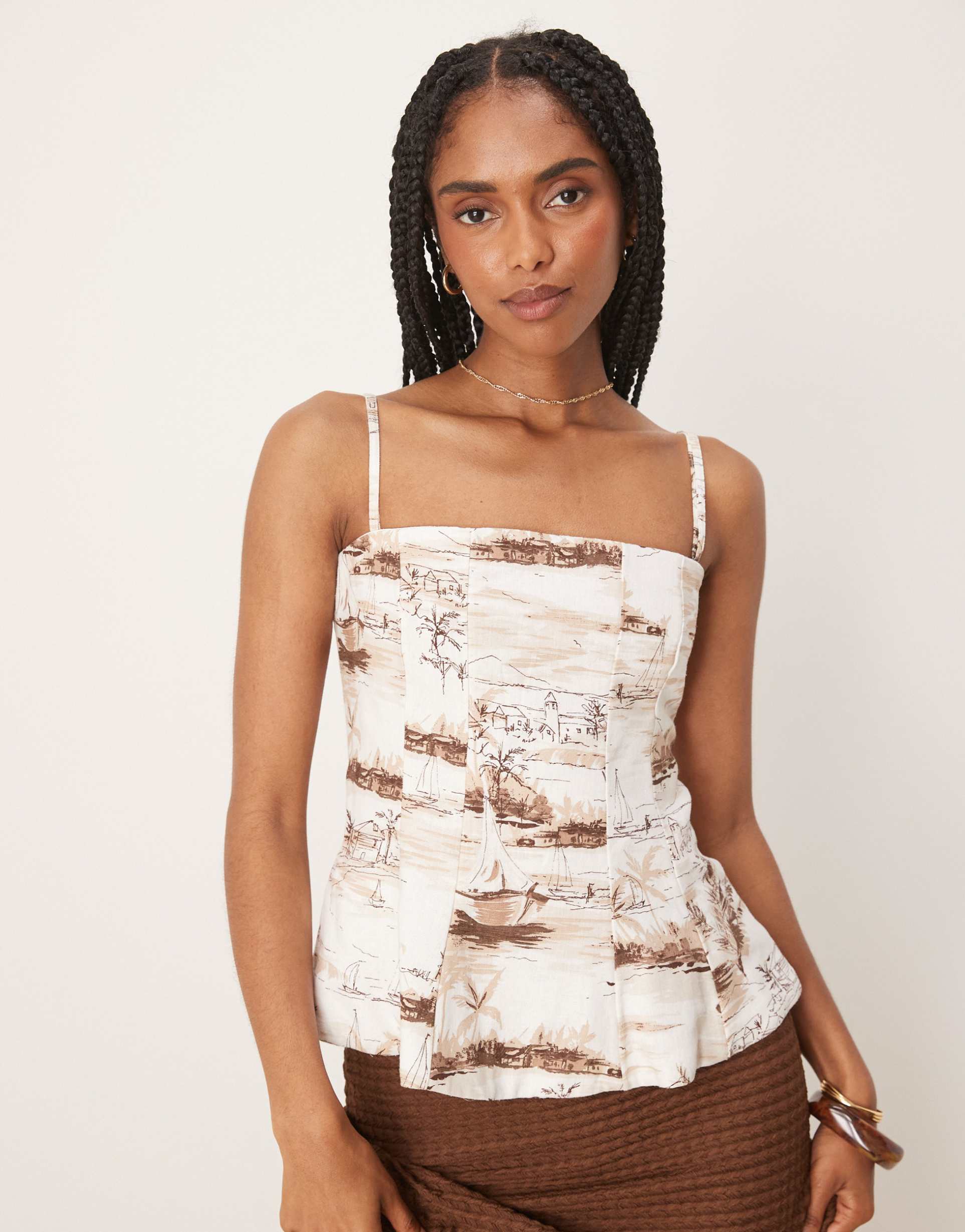 abercrombie & fitch strapless flared hem top in cream botanical print